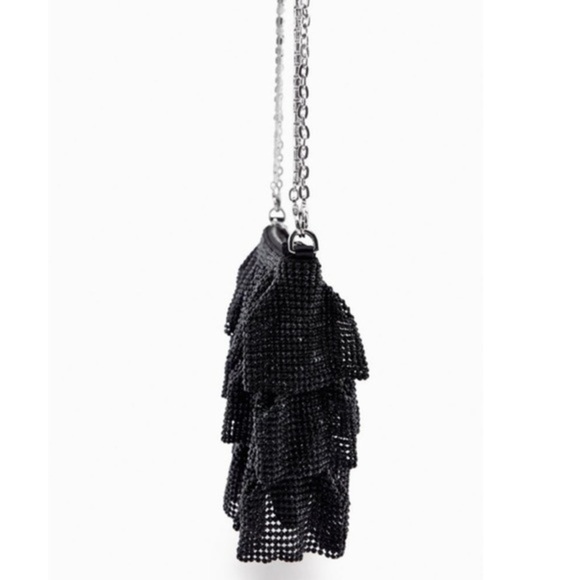 New Zara Black Ruffle Mesh Crossbody Bay With Rhinestone Strap Decor - Picture 5 of 9